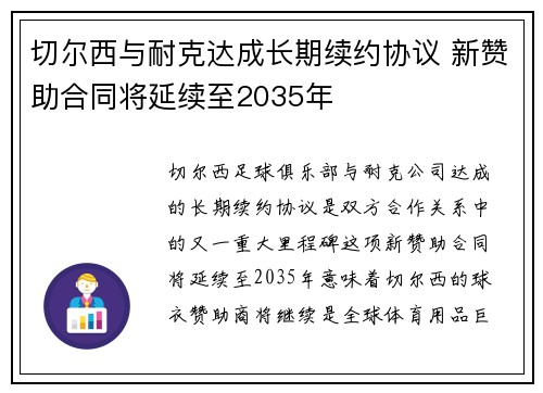 切尔西与耐克达成长期续约协议 新赞助合同将延续至2035年 切尔西与耐克达成长期续约协议 新赞助合同将延续至2035年